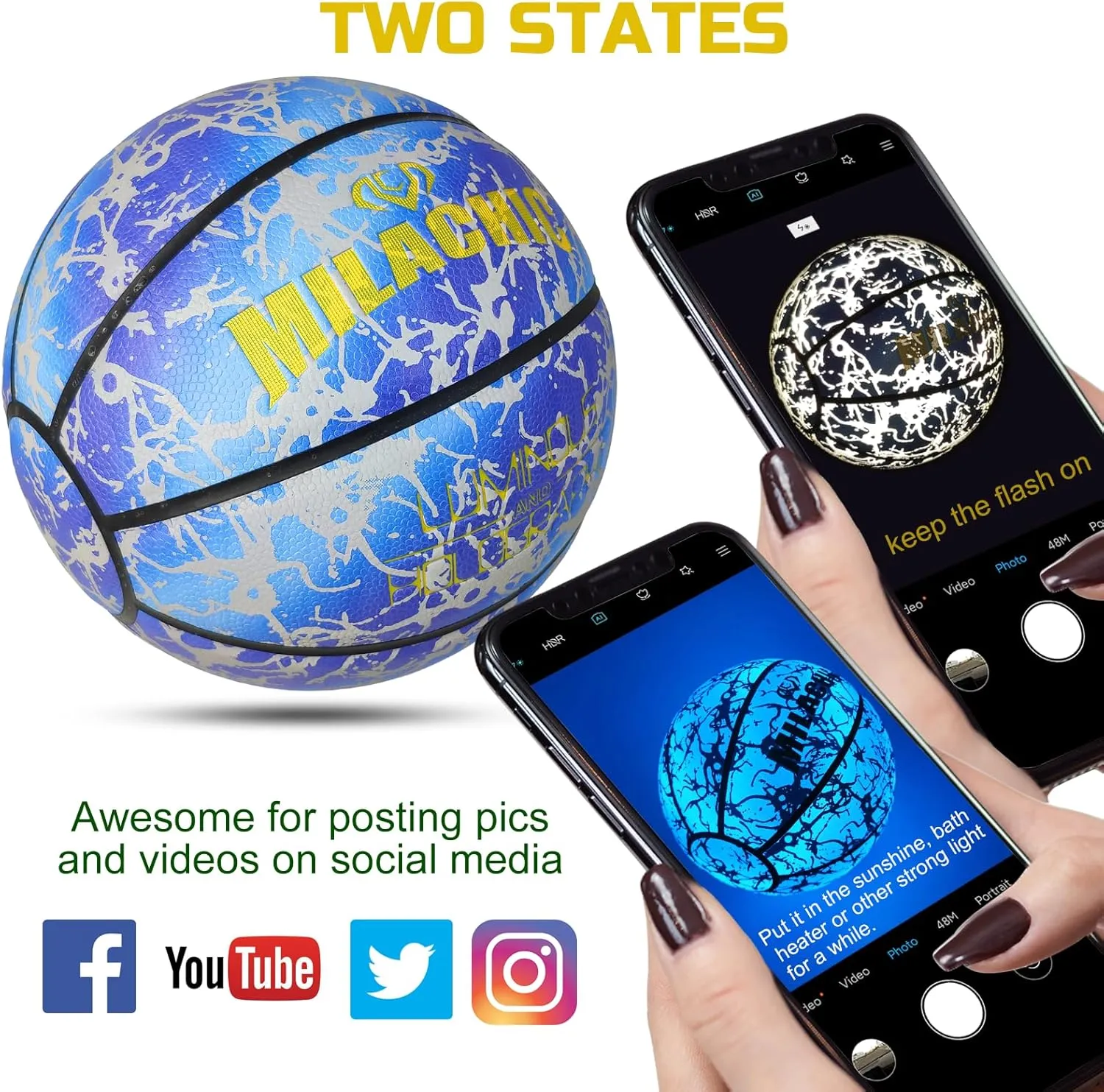 Glow in The Dark Holographic Basketball - Official Size 7 Indoor Outdoor Luminous Glowing Leather Basketball 29.5" - with Pump