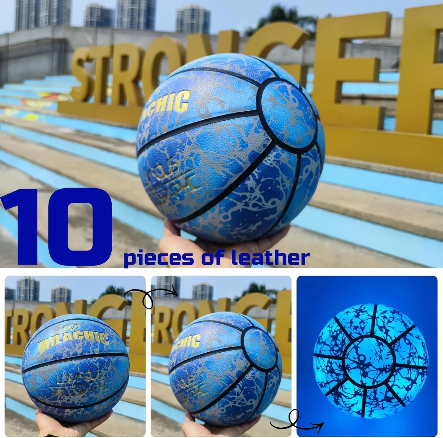 Glow in The Dark Holographic Basketball - Official Size 7 Indoor Outdoor Luminous Glowing Leather Basketball 29.5" - with Pump