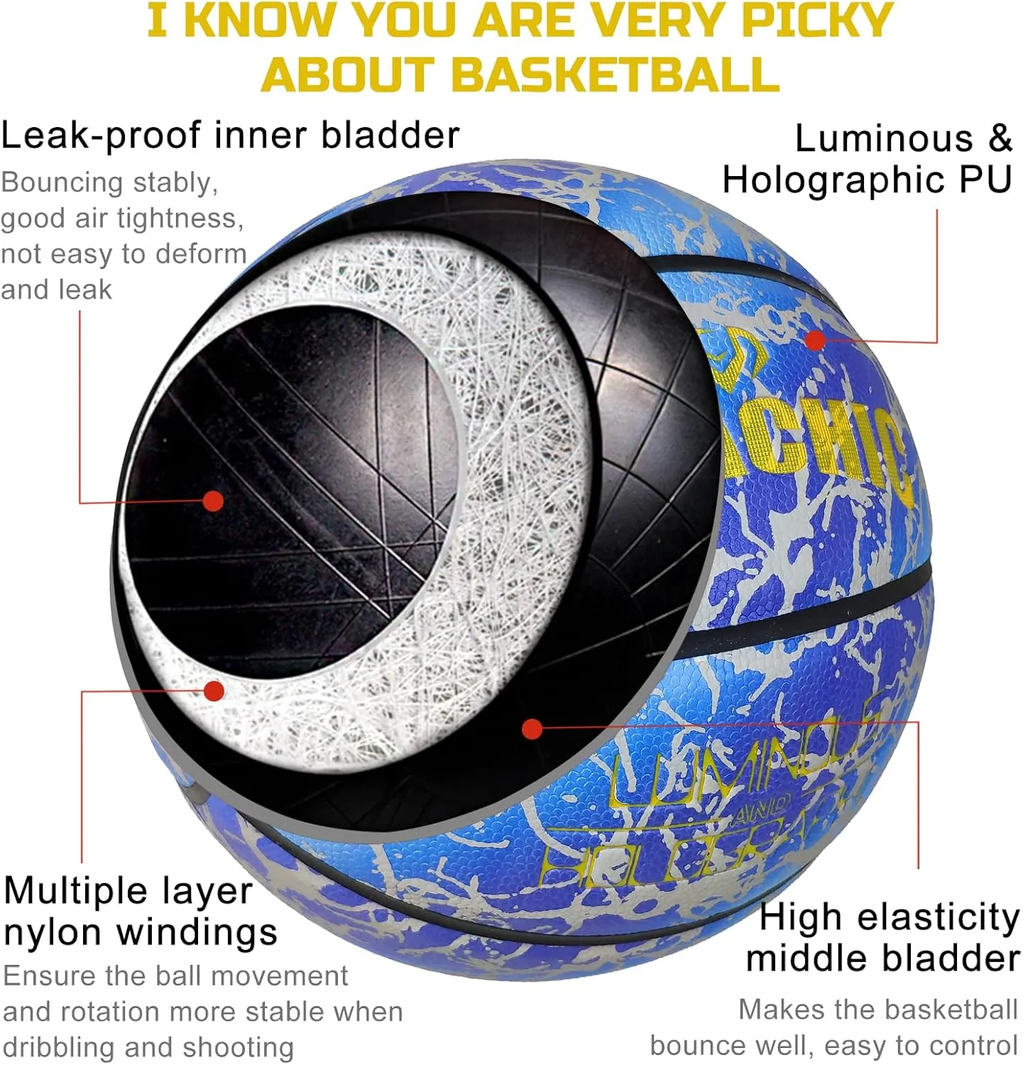 Glow in The Dark Holographic Basketball - Official Size 7 Indoor Outdoor Luminous Glowing Leather Basketball 29.5" - with Pump