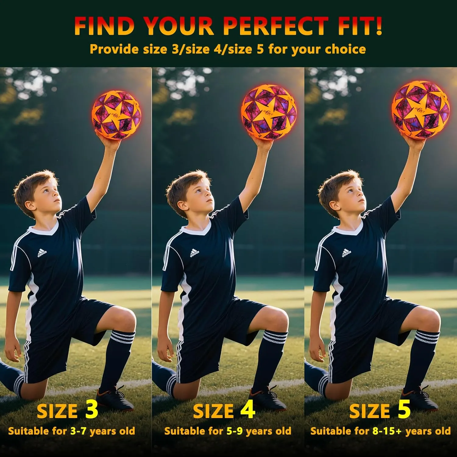 Glow in The Dark Soccer Ball, Light Up Indoor&Outdoor, Gifts for 3-15 Kids/Teens, Red LED Lights, Pre-Installed Batteries, Includes Pump-Size 3/4/ 5