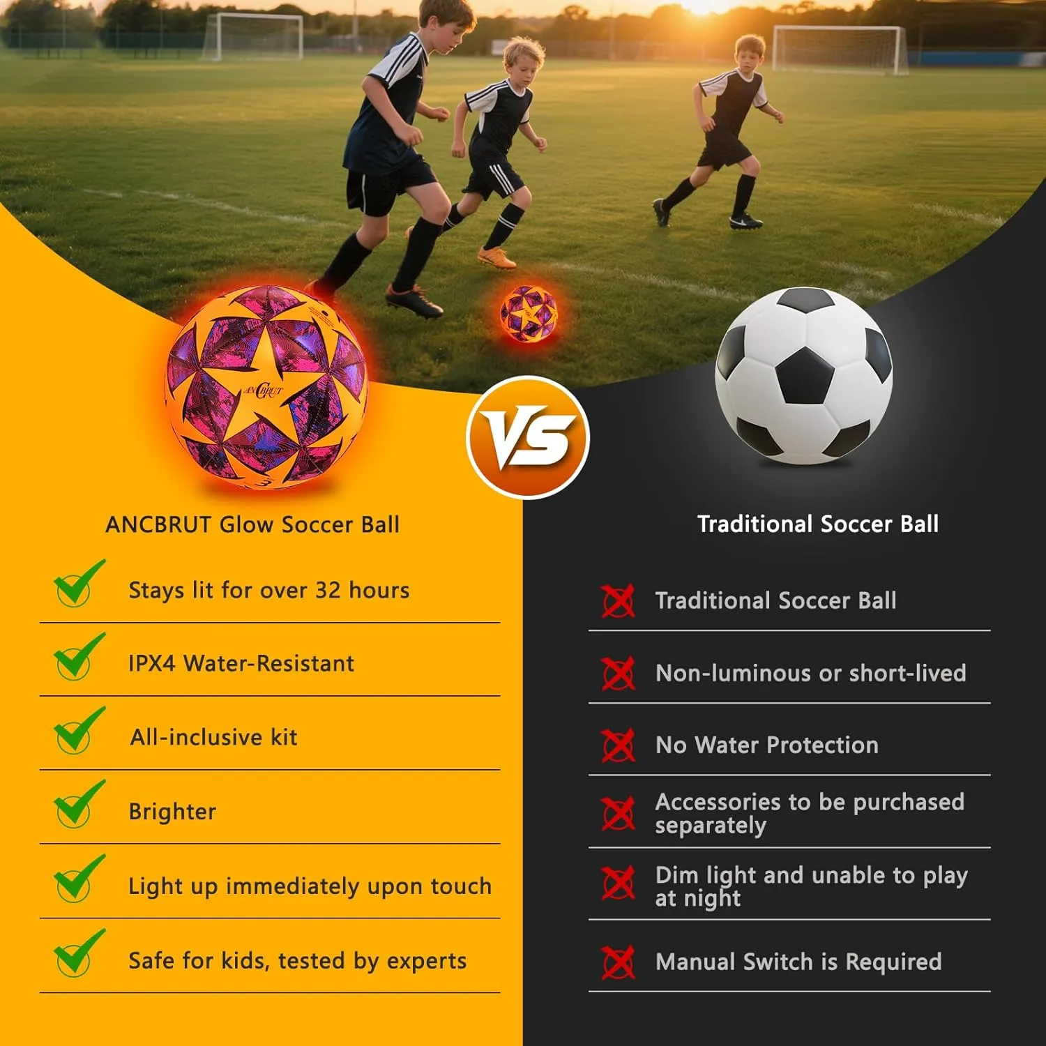 Glow in The Dark Soccer Ball, Light Up Indoor&Outdoor, Gifts for 3-15 Kids/Teens, Red LED Lights, Pre-Installed Batteries, Includes Pump-Size 3/4/ 5