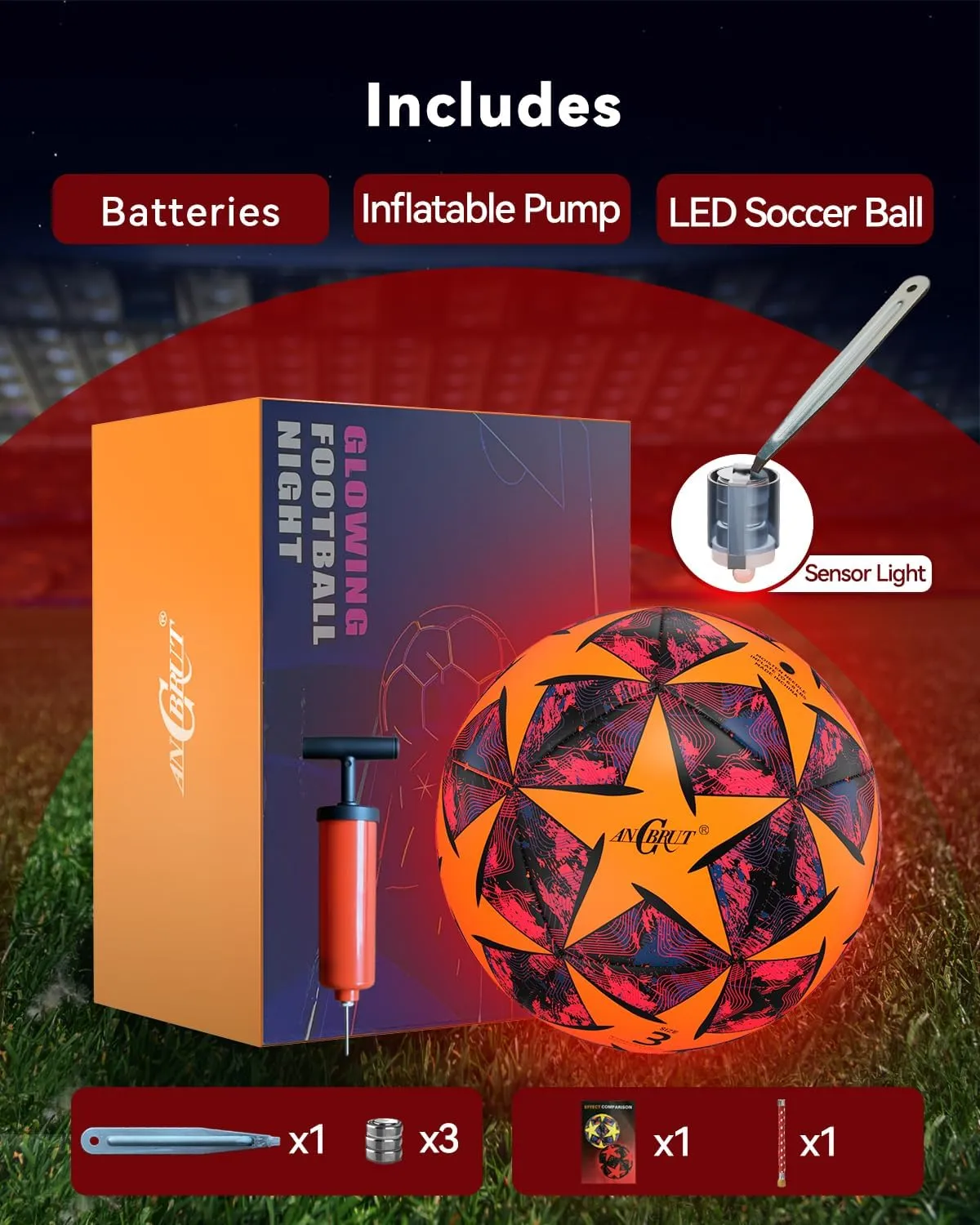 Glow in The Dark Soccer Ball, Light Up Indoor&Outdoor, Gifts for 3-15 Kids/Teens, Red LED Lights, Pre-Installed Batteries, Includes Pump-Size 3/4/ 5