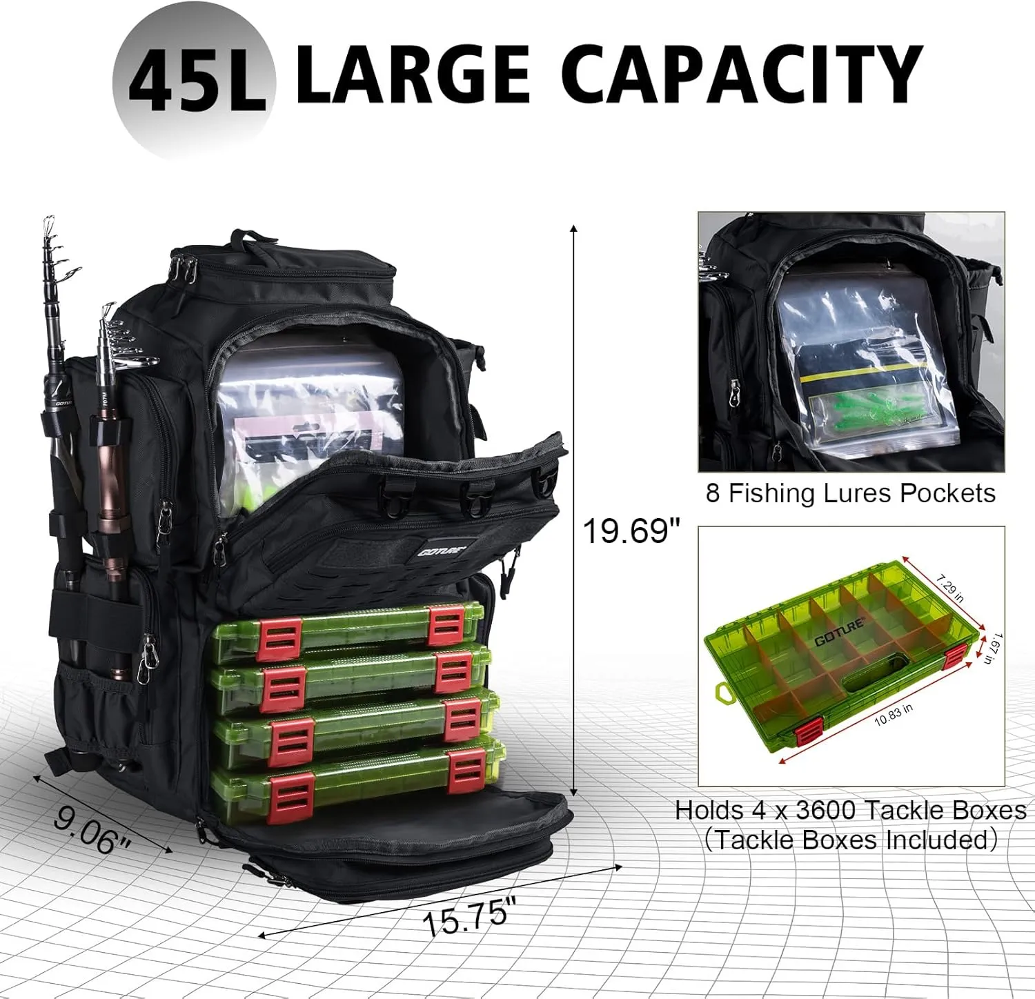 Goture Fishing Backpack with 4 Tackle Boxes,45L 600D Tackle Backpack with Rod Holders,8 Lure Pockets,Rain Cover,Large Fishing Bag Saltwater Gear Storage Bag for Camping Hiking