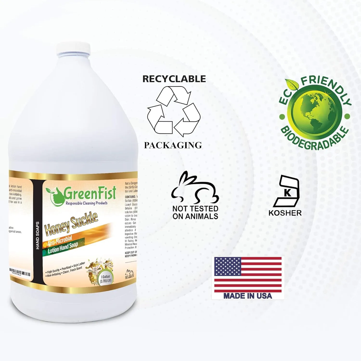 GreenFist Lotionized Hand Soap [ Liquid Gel Refill ] Made in USA, 128 Ounce (1 Gallon) (Honey Suckle w/Pump)