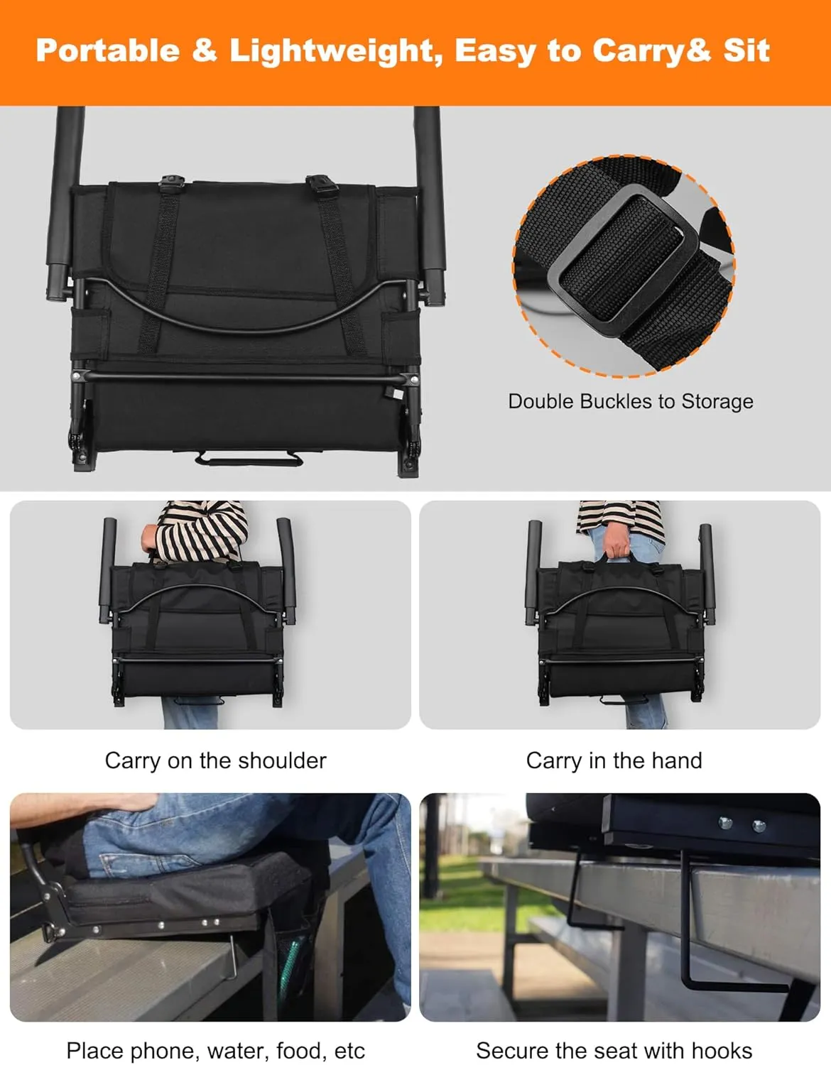 Heated Stadium Seats for Bleachers with Battey, 3 Levels of Heat Bleacher Seats with Back & Cushion, Foldable Heated Stadium Chairs with Armrests, Bleacher Warmer Chair for Camping Game Sport