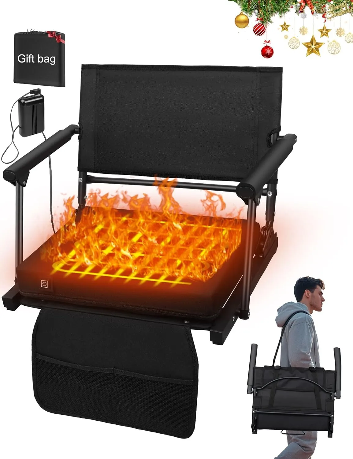 Heated Stadium Seats for Bleachers with Battey, 3 Levels of Heat Bleacher Seats with Back & Cushion, Foldable Heated Stadium Chairs with Armrests, Bleacher Warmer Chair for Camping Game Sport