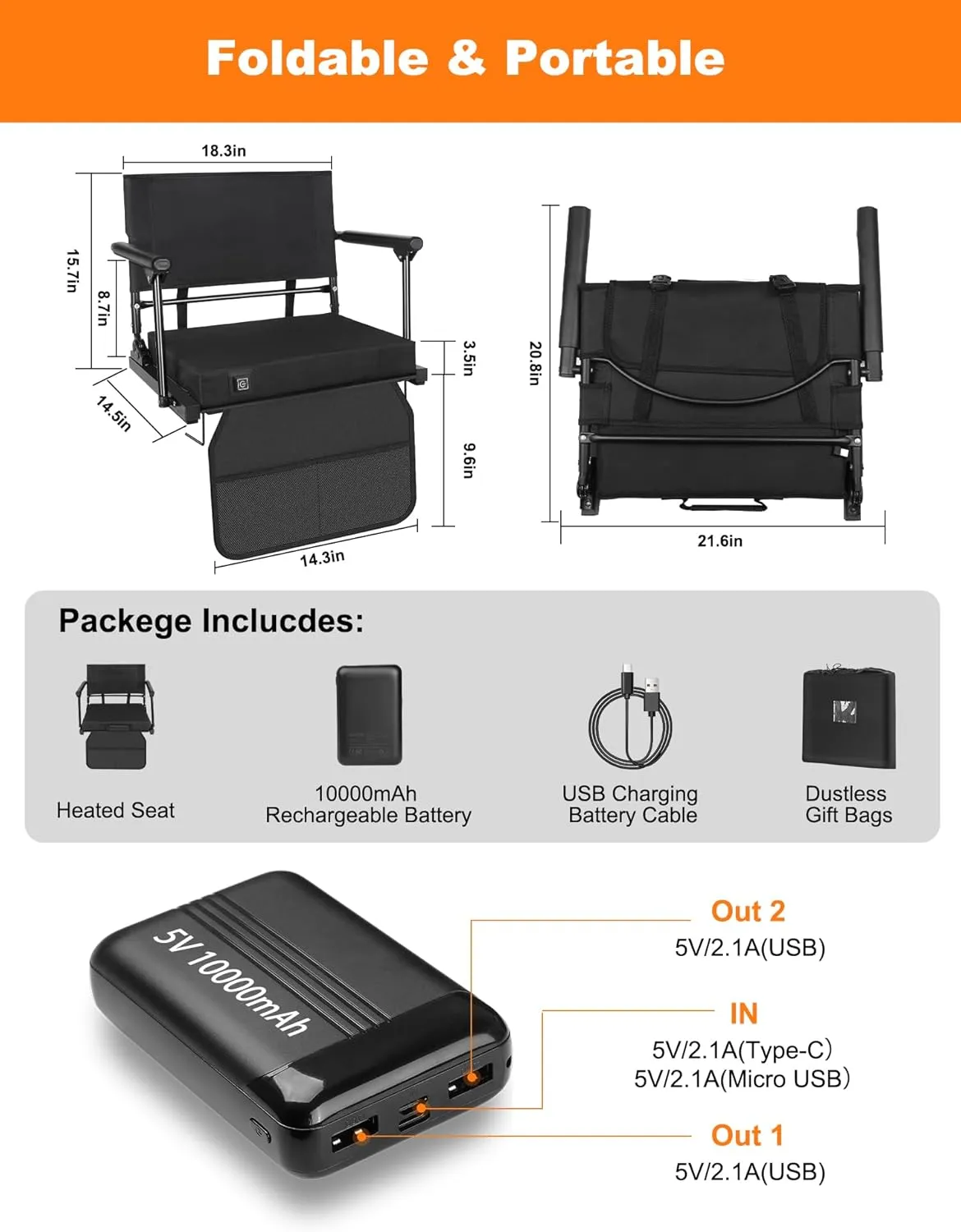 Heated Stadium Seats for Bleachers with Battey, 3 Levels of Heat Bleacher Seats with Back & Cushion, Foldable Heated Stadium Chairs with Armrests, Bleacher Warmer Chair for Camping Game Sport