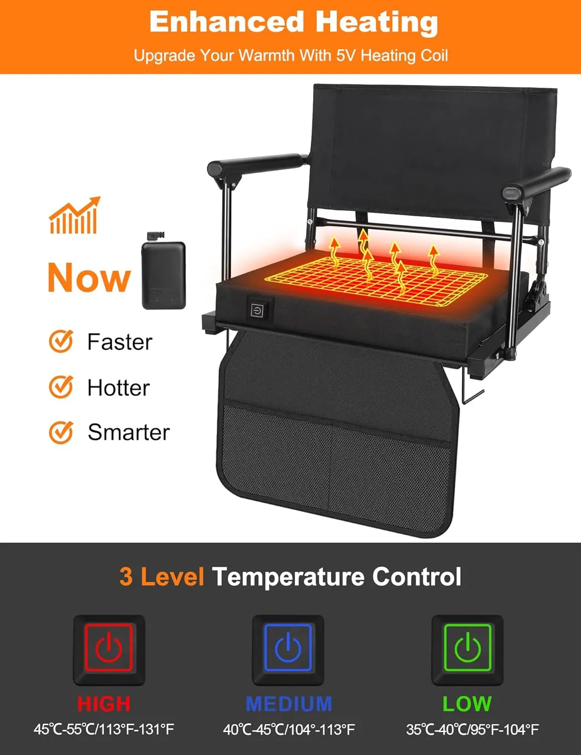 Heated Stadium Seats for Bleachers with Battey, 3 Levels of Heat Bleacher Seats with Back & Cushion, Foldable Heated Stadium Chairs with Armrests, Bleacher Warmer Chair for Camping Game Sport