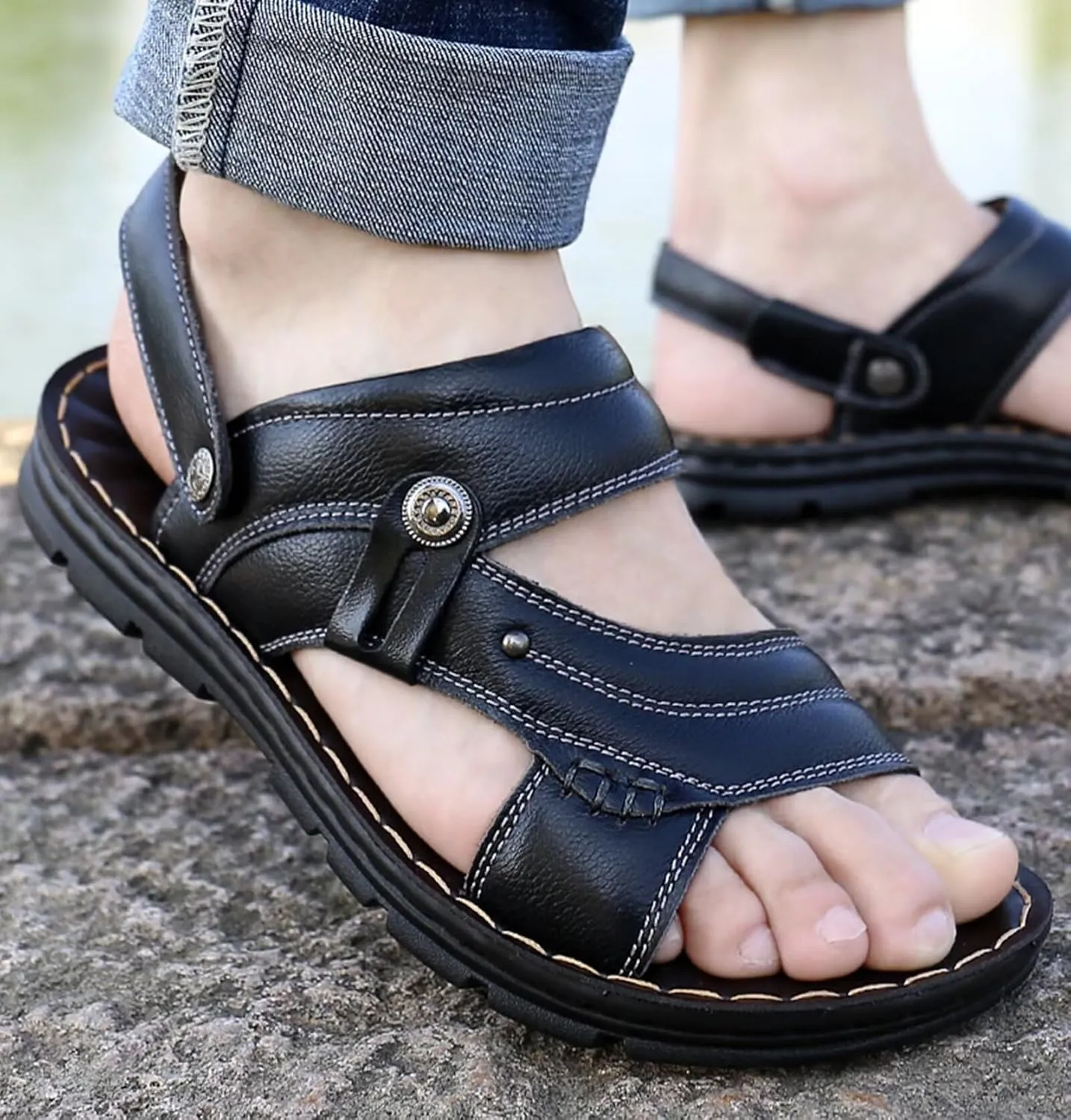 HNVAVQ Men'S Sandals Outdoor Leather Beach Shoes Fisherman Slippers