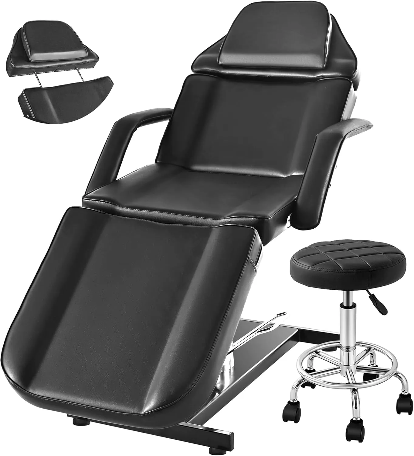 Hydraulic Tattoo Facial Chair with Extendable Headrest, 360° Swivel Spa Esthetician Lash Bed with Rolling Stool, Ergonomic Beauty Salon Tattoo Furniture Equipment, Black