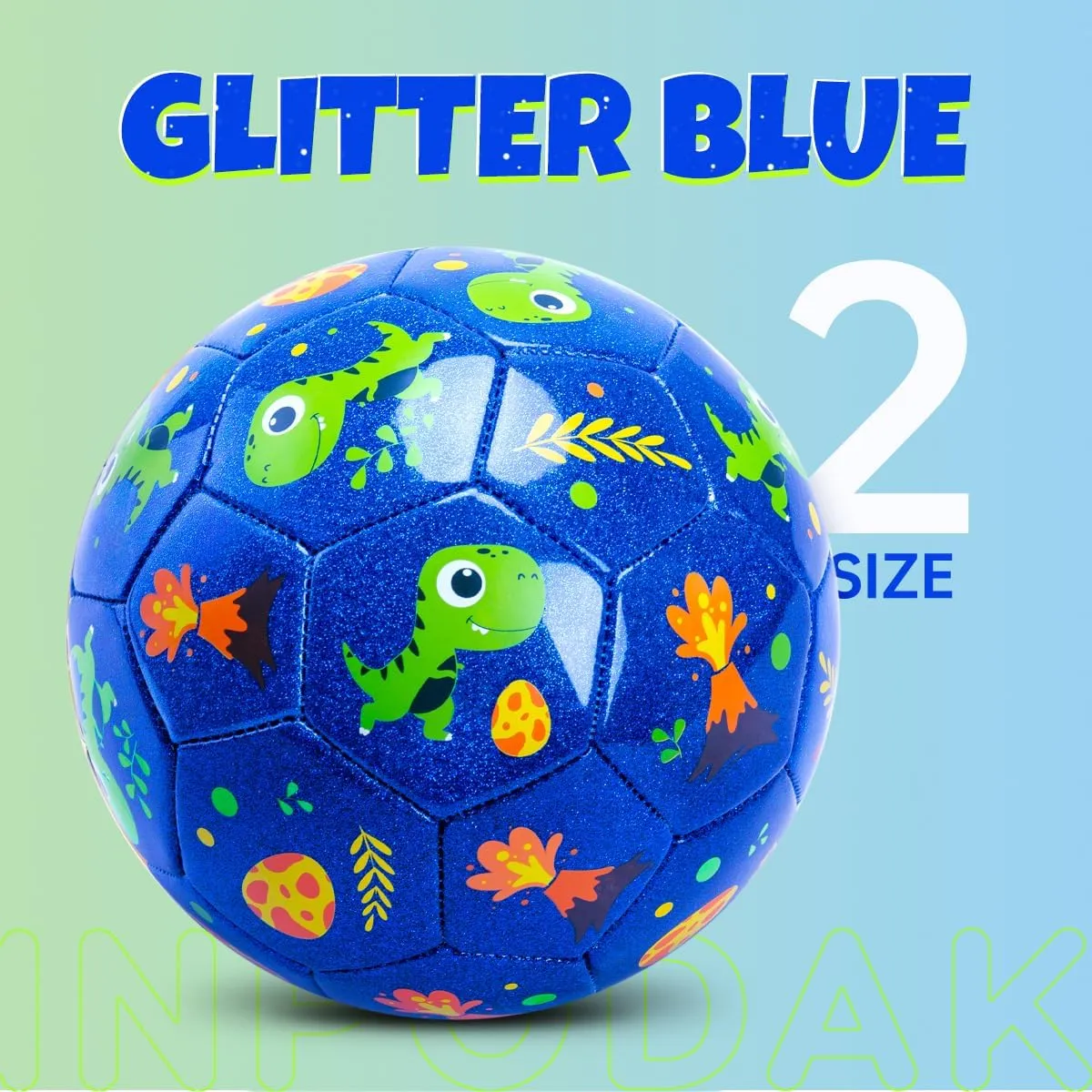 INPODAK Soccer Ball Size 2 for Toddler, Cartoon Dinosaur Blue Soccer Ball for Kids 2 3 4 5 with Pump, Mesh Bag and Gift Box for Birthdays, Christmas and Parties