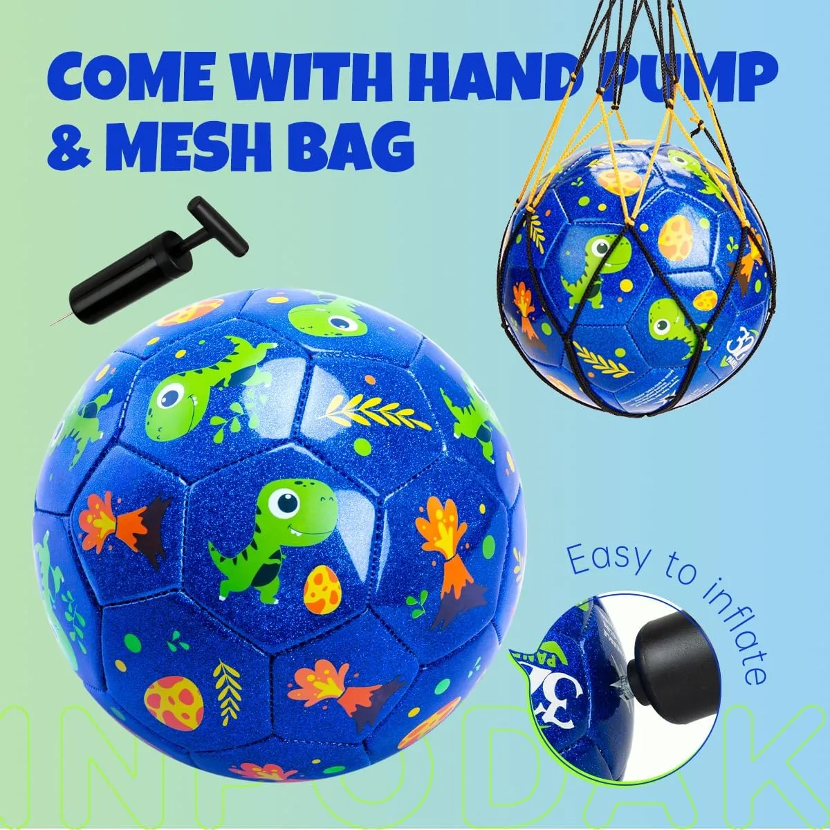 INPODAK Soccer Ball Size 2 for Toddler, Cartoon Dinosaur Blue Soccer Ball for Kids 2 3 4 5 with Pump, Mesh Bag and Gift Box for Birthdays, Christmas and Parties
