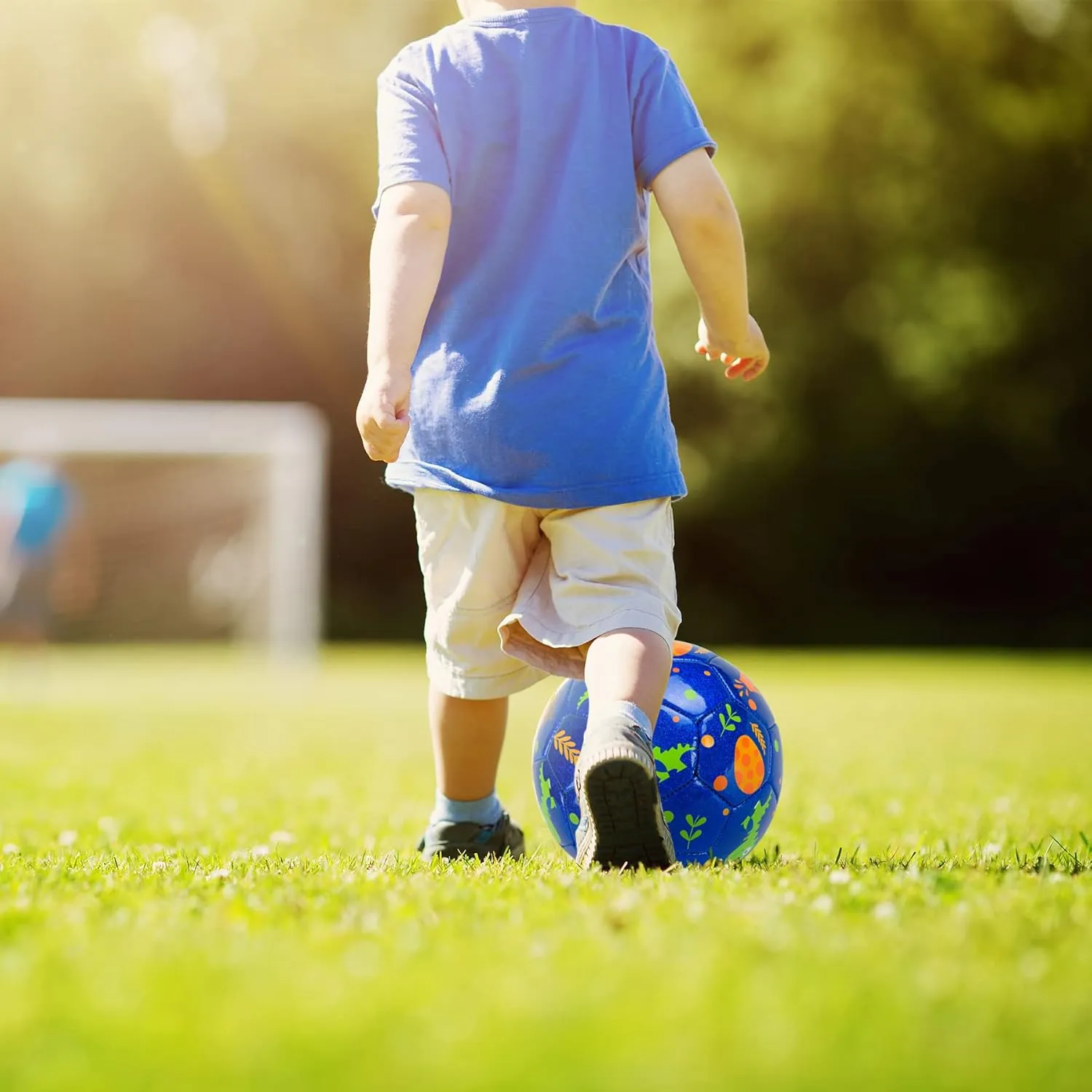 INPODAK Soccer Ball Size 2 for Toddler, Cartoon Dinosaur Blue Soccer Ball for Kids 2 3 4 5 with Pump, Mesh Bag and Gift Box for Birthdays, Christmas and Parties