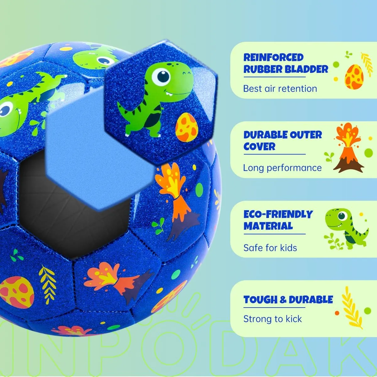 INPODAK Soccer Ball Size 2 for Toddler, Cartoon Dinosaur Blue Soccer Ball for Kids 2 3 4 5 with Pump, Mesh Bag and Gift Box for Birthdays, Christmas and Parties