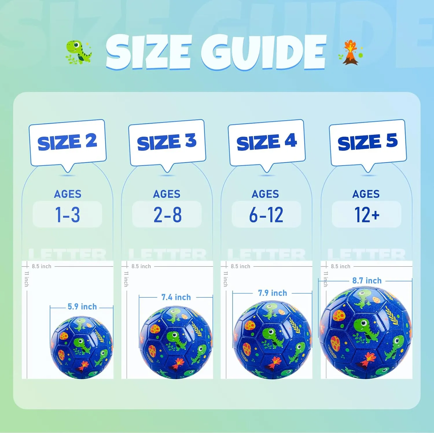 INPODAK Soccer Ball Size 2 for Toddler, Cartoon Dinosaur Blue Soccer Ball for Kids 2 3 4 5 with Pump, Mesh Bag and Gift Box for Birthdays, Christmas and Parties