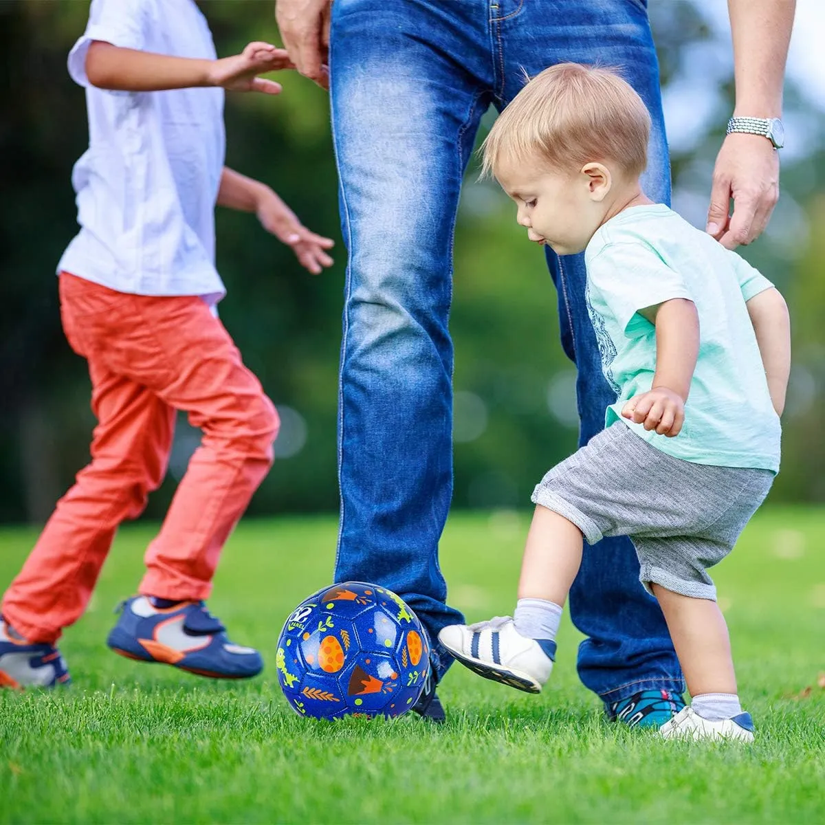 INPODAK Soccer Ball Size 2 for Toddler, Cartoon Dinosaur Blue Soccer Ball for Kids 2 3 4 5 with Pump, Mesh Bag and Gift Box for Birthdays, Christmas and Parties