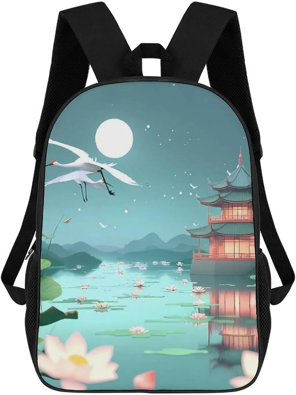 Japanese Palace Moon Crane Funny 17 Inch Backpack Multipurpose Shoulders Daypack Laptop Bag for Travel Hiking Camping 12.5 X 17 X 5.5 Inch