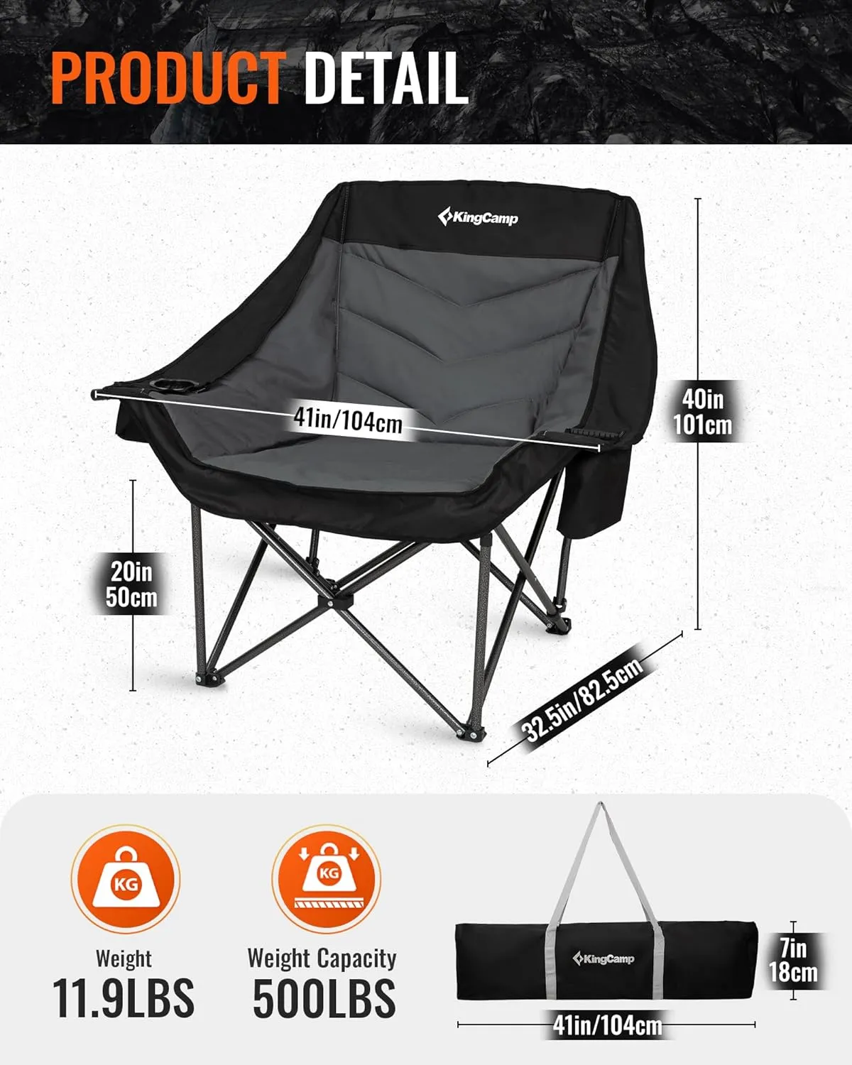 KingCamp Oversized Camping Chair Outdoor Portable Bucket Chair Heavy Duty Extra Large Moon Saucer Folding Chair for Adults, Supports 300lbs with Cooler Bag for Sports, Festival, Lawn