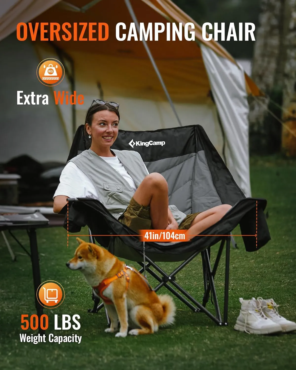 KingCamp Oversized Camping Chair Outdoor Portable Bucket Chair Heavy Duty Extra Large Moon Saucer Folding Chair for Adults, Supports 300lbs with Cooler Bag for Sports, Festival, Lawn