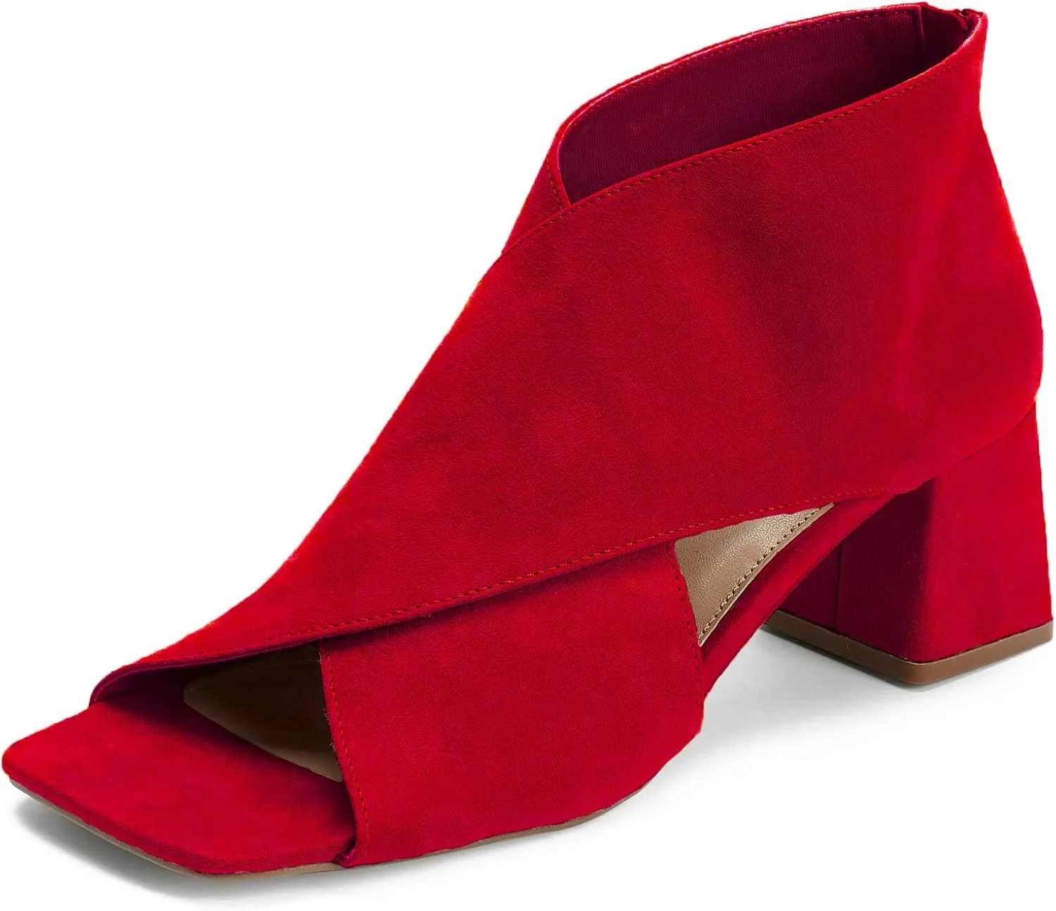 LEHOOR Women Chunky Heel Open Toe Booties Suede Side Cut-Out Ankle Boots Square Peep Toe 2 Inch Block Mid Heels Dress Heeled Sandal Booties Back Zipper Summer Casual Size 4-11 M US