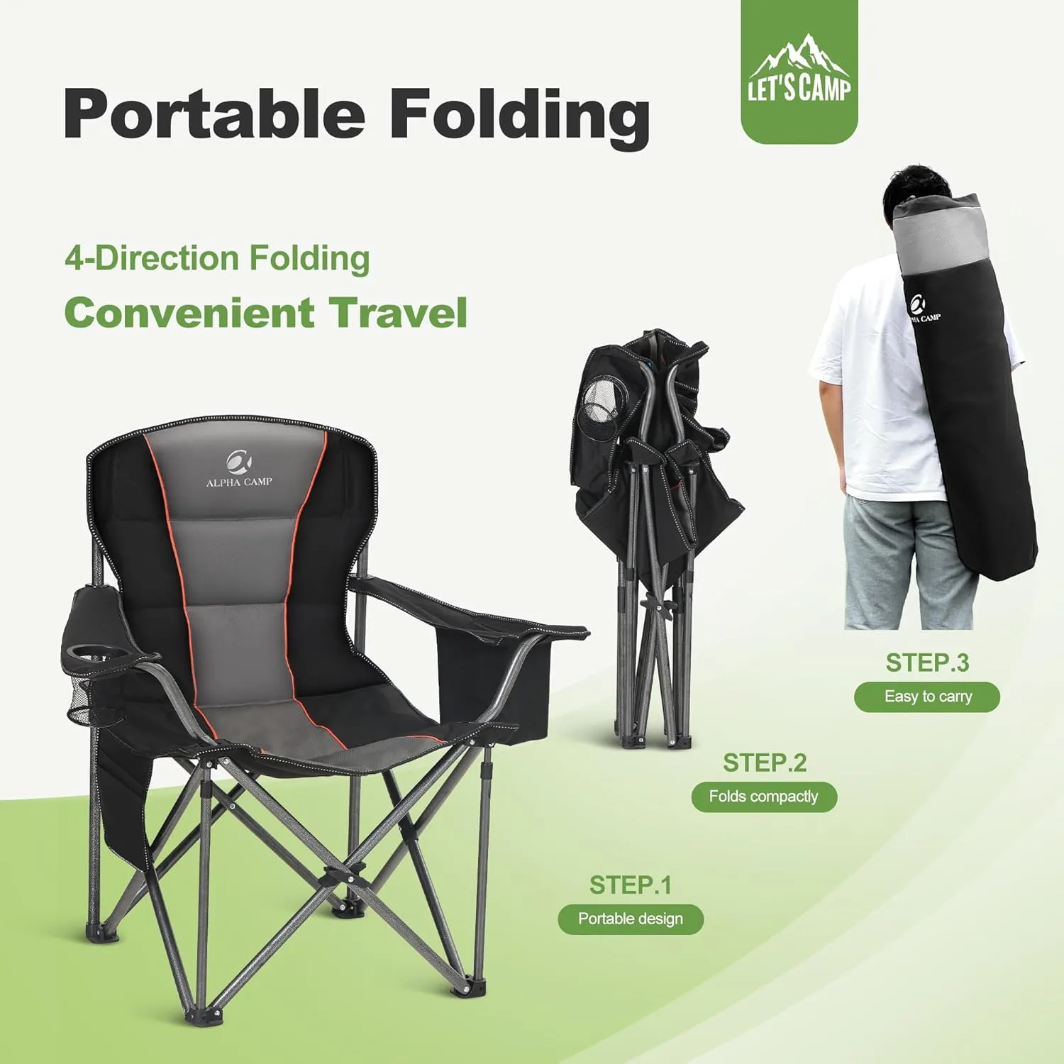LET'S CAMP Folding Camping Chair Oversized Heavy Duty Padded Outdoor Chair with Cup Holder Storage and Cooler Bag, 450 LBS Weight Capacity, Thicken 600D Oxford,2 Pack