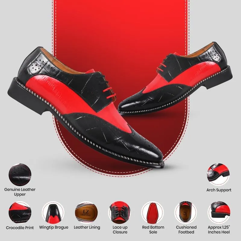 LIBERTYZENO Mens Genuine Leather Adults Wingtip Lace Up Oxford Dress Shoes for Prom Graduation