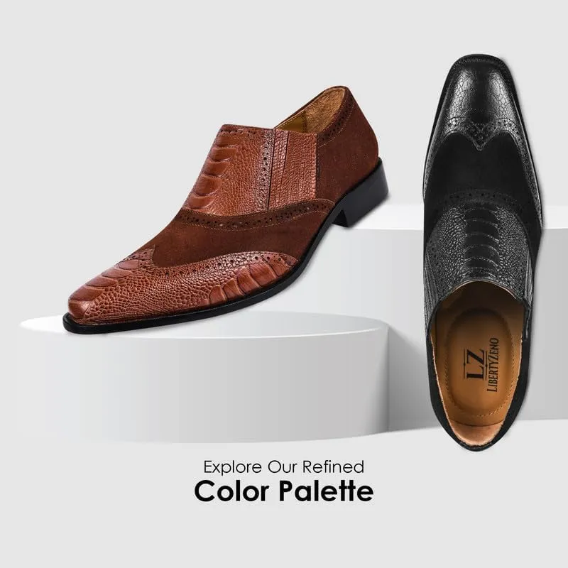LIBERTYZENO Mens Ostrich Leg Print Suede & Genuine Leather Adults Noble Loafers Slip On Shoes for Prom Graduation