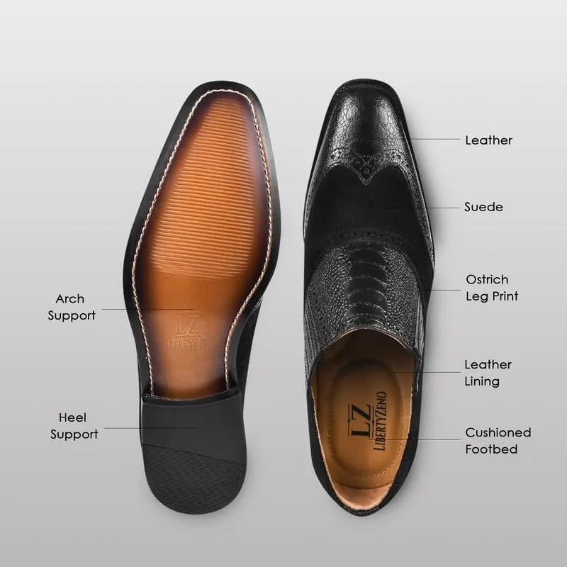 LIBERTYZENO Mens Ostrich Leg Print Suede & Genuine Leather Adults Noble Loafers Slip On Shoes for Prom Graduation
