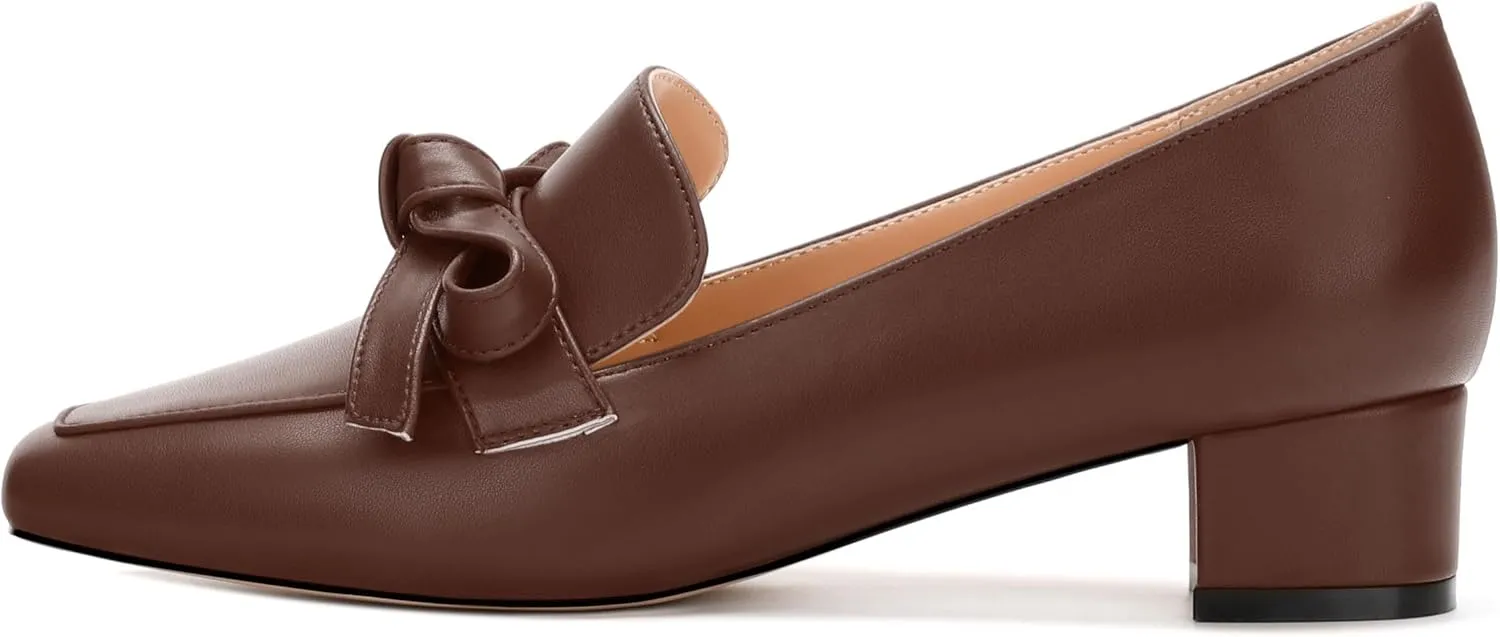 Loafers with Heels for Womens Bowknot Chunky Low Heels, Women's Pumps Closed Square Toe Slip On Dress Shoes
