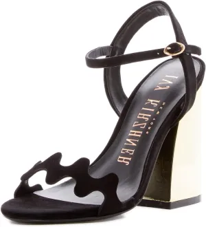 Lush Black Suede Wavy Squiggly-Cut Two Piece Gold Block Heel Sandal