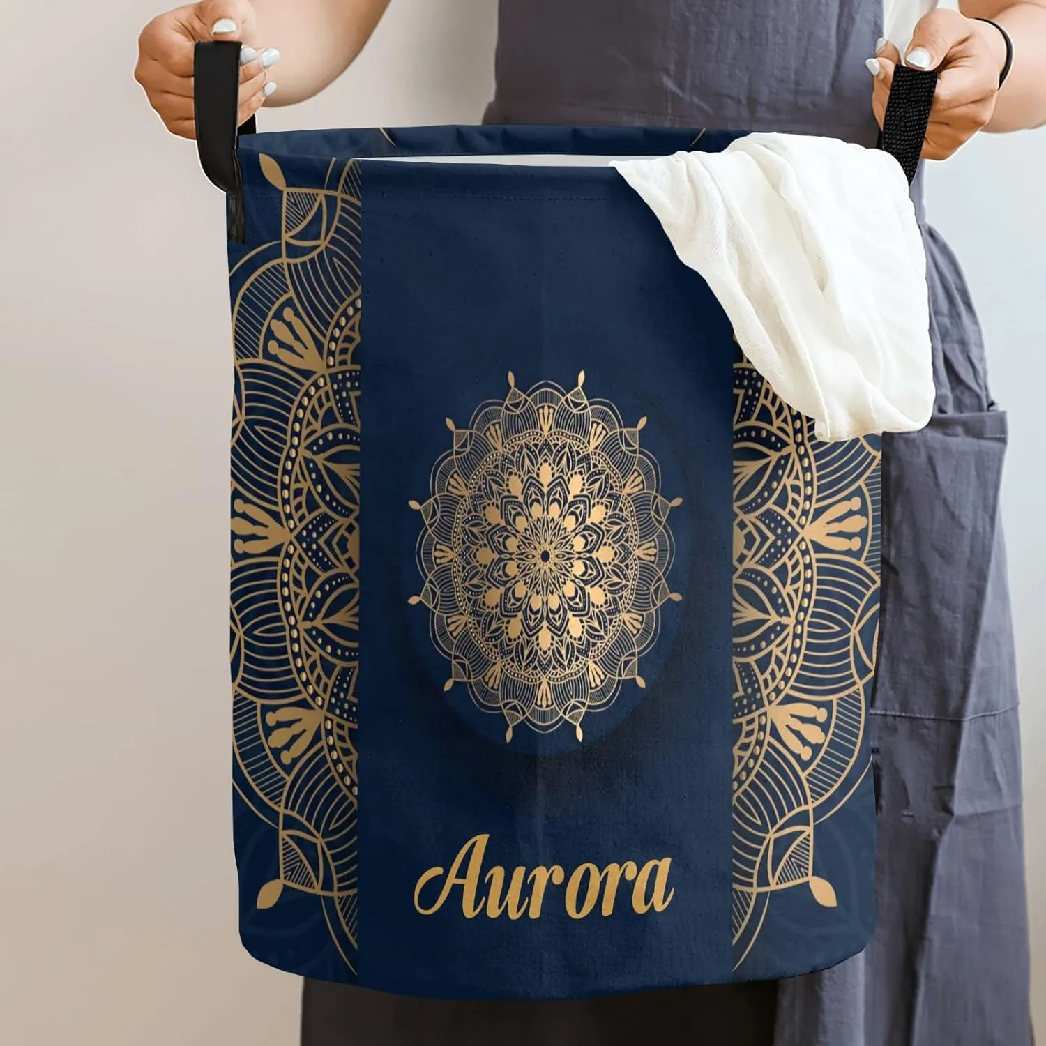 Luxury Ornamental Mandala Personalized Waterproof Foldable Laundry Basket Bag with Handle, Custom Collapsible Clothes Hamper Storage Bin for Toys Laundry Dorm Travel Bathroom