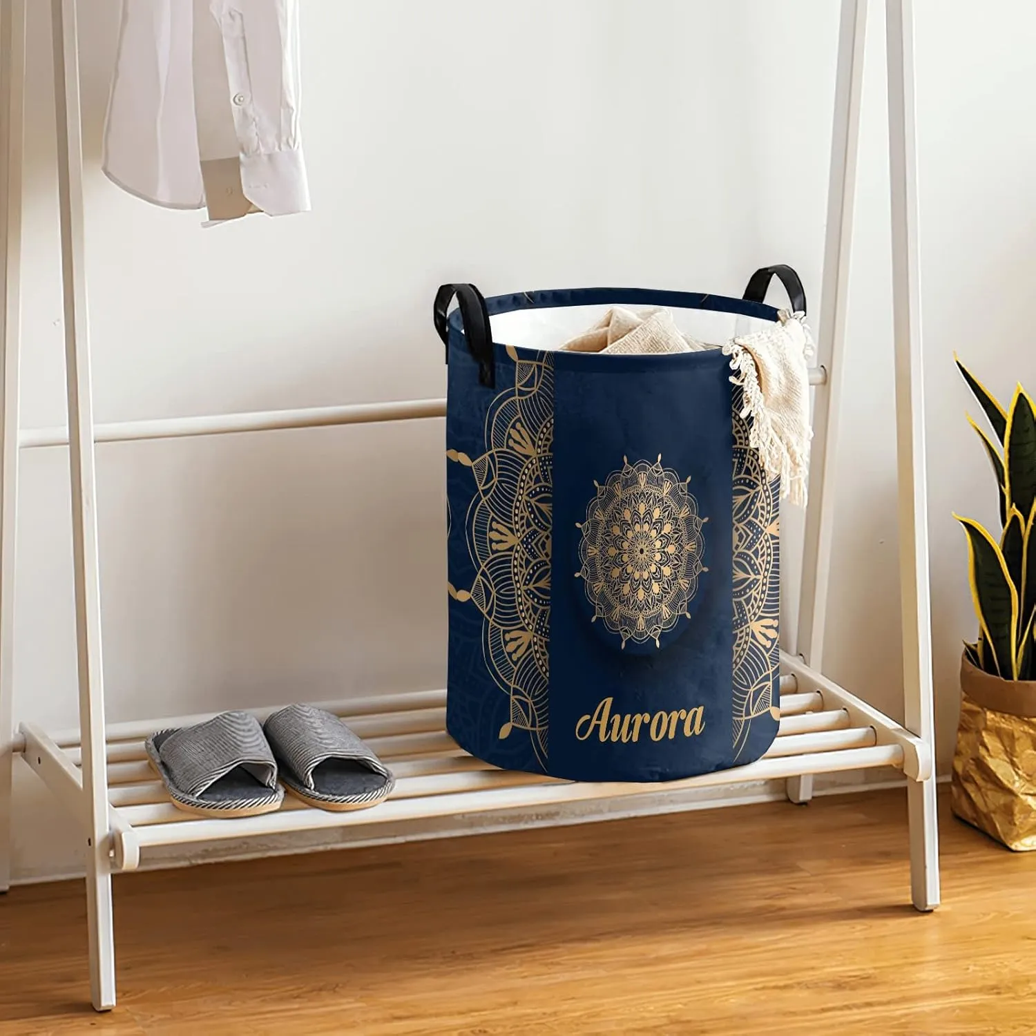 Luxury Ornamental Mandala Personalized Waterproof Foldable Laundry Basket Bag with Handle, Custom Collapsible Clothes Hamper Storage Bin for Toys Laundry Dorm Travel Bathroom