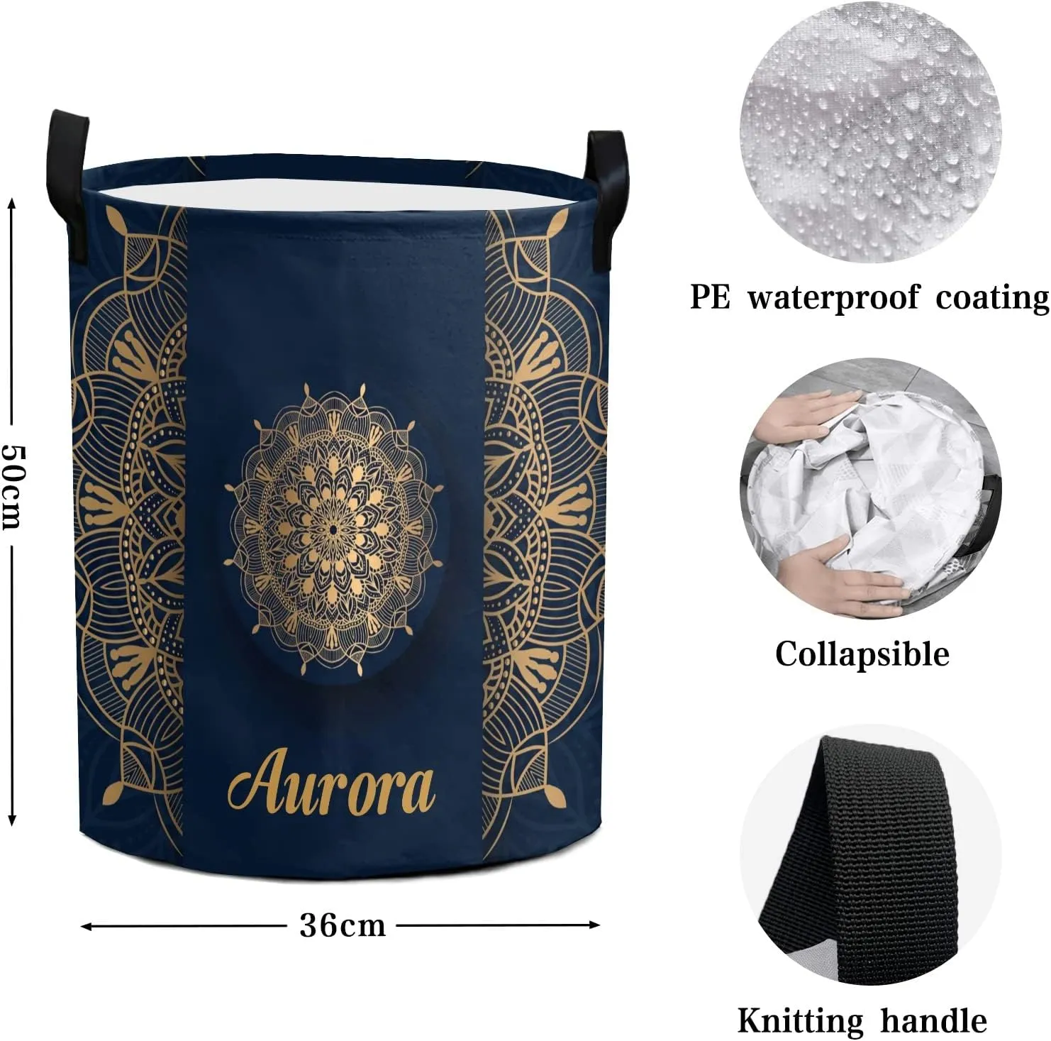 Luxury Ornamental Mandala Personalized Waterproof Foldable Laundry Basket Bag with Handle, Custom Collapsible Clothes Hamper Storage Bin for Toys Laundry Dorm Travel Bathroom