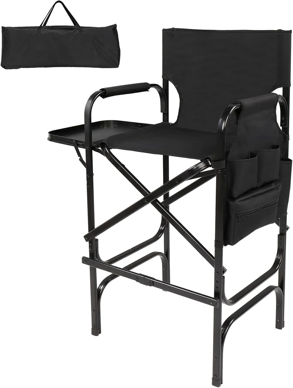 mefeir 30" Tall Directors Chair Black Folding with Side Table Storage Bag,Portable Makeup Artist Bar Height, Aluminum Frame 300 lbs Capacity, 19.2" D x 23.6" W x 45.6" H