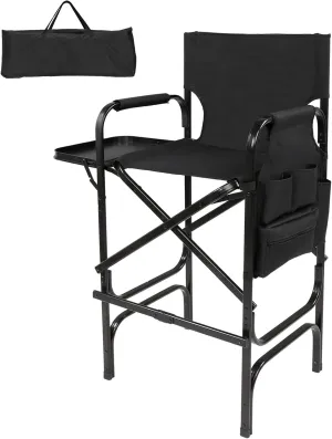 mefeir 30" Tall Directors Chair Black Folding with Side Table Storage Bag,Portable Makeup Artist Bar Height, Aluminum Frame 300 lbs Capacity, 19.2" D x 23.6" W x 45.6" H