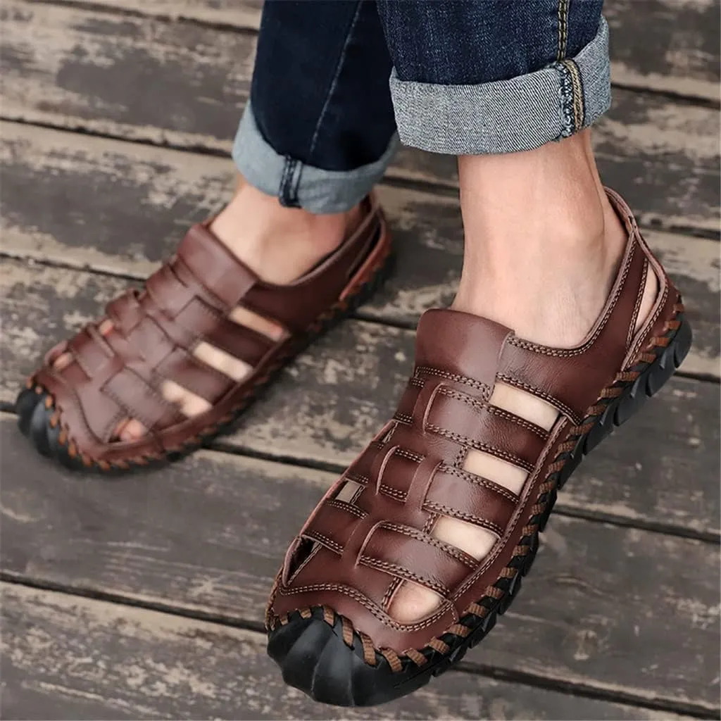 Men Sandals Casual Beach Shoes Men Leather Sandals Fashion Men's Sandals(Dark Brown,9.5code)