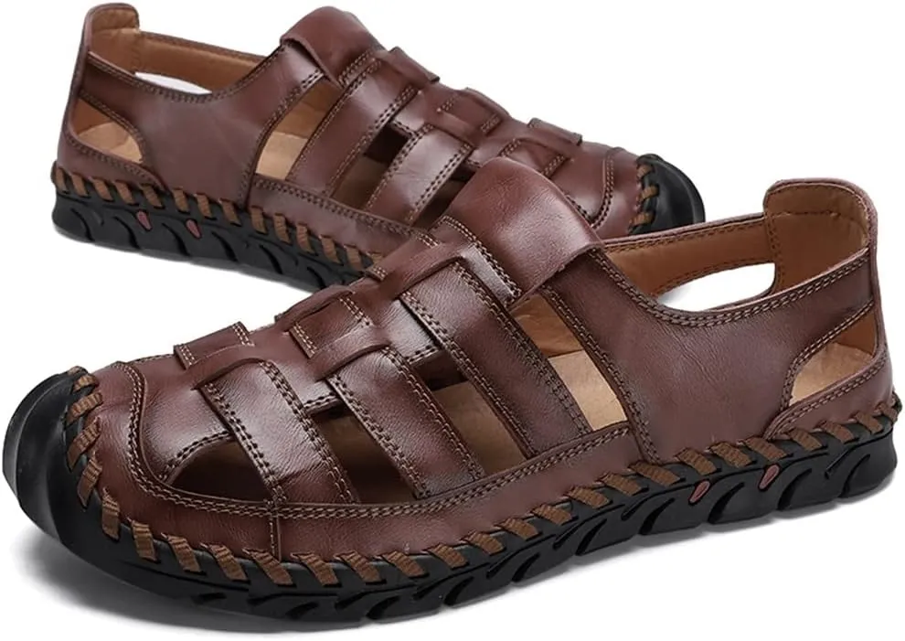 Men Sandals Casual Beach Shoes Men Leather Sandals Fashion Men's Sandals(Dark Brown,9.5code)