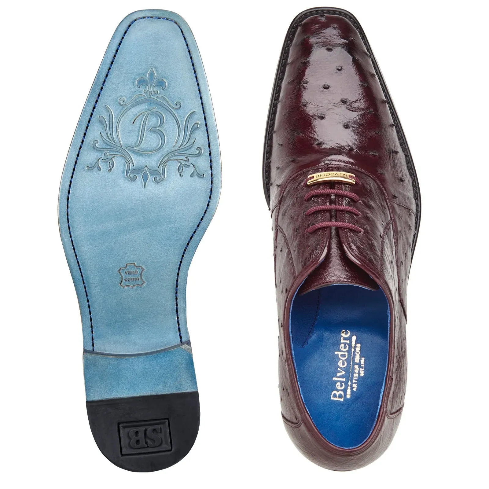 Men's Belvedere Orlando Ostrich Quill Plain Toe Dress Shoe in Burgundy