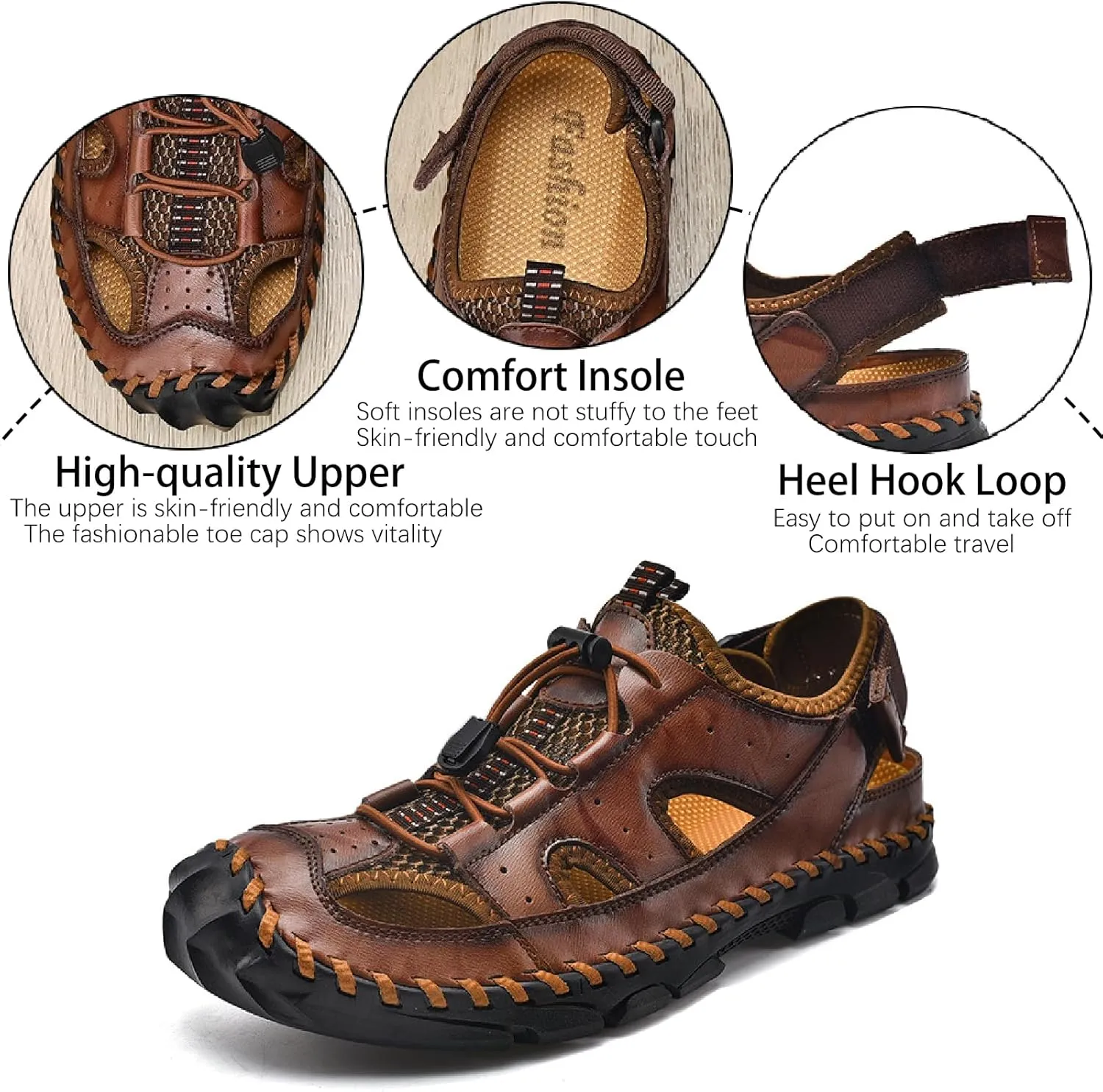Men's Leather Hand Stitched Fisherman Sandals with Back Hook Loop Casual Breathable Cutout Closed Toe Anti-Slip Flat Water Shoes Summer Outdoor Beach Walking Shoes
