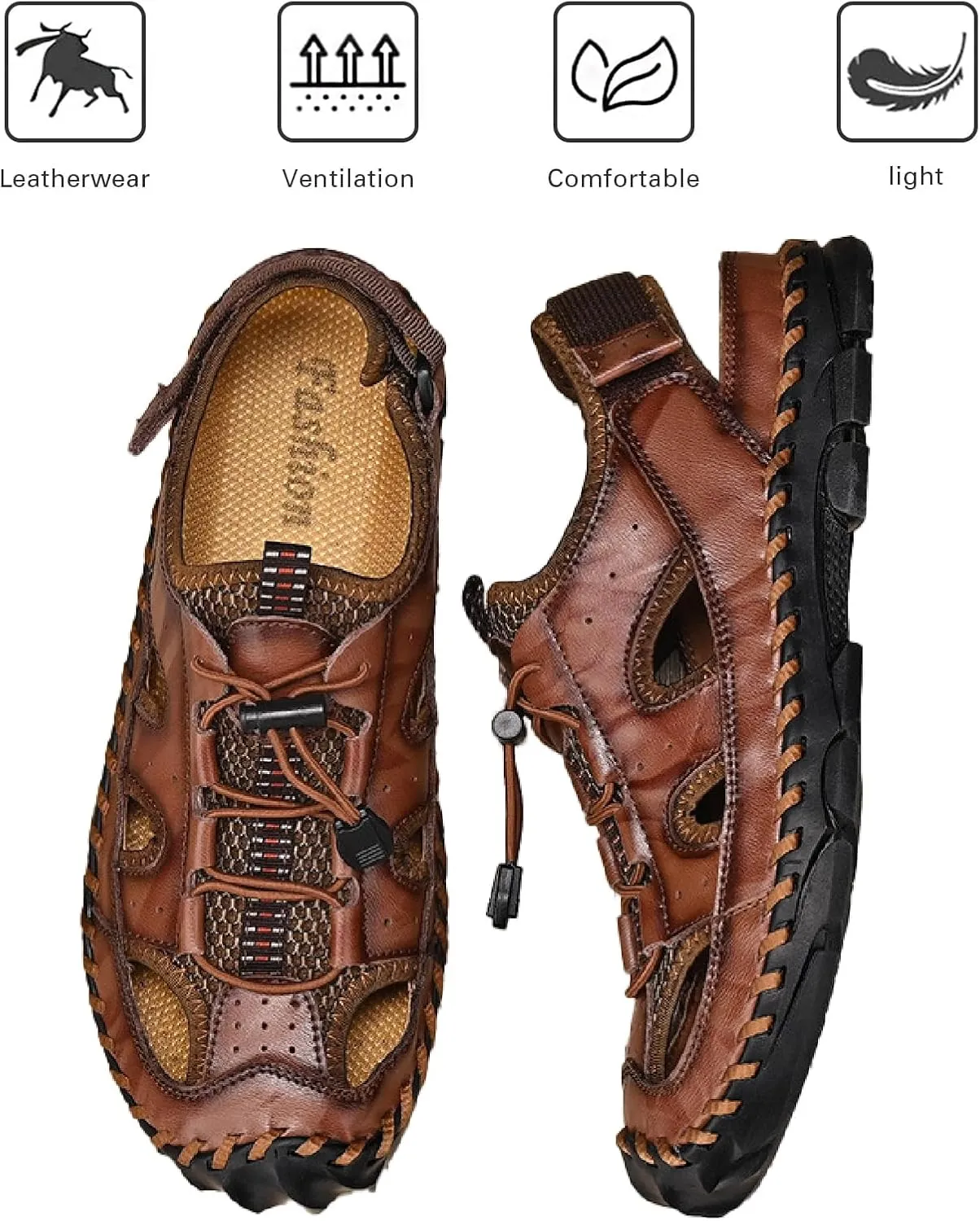 Men's Leather Hand Stitched Fisherman Sandals with Back Hook Loop Casual Breathable Cutout Closed Toe Anti-Slip Flat Water Shoes Summer Outdoor Beach Walking Shoes