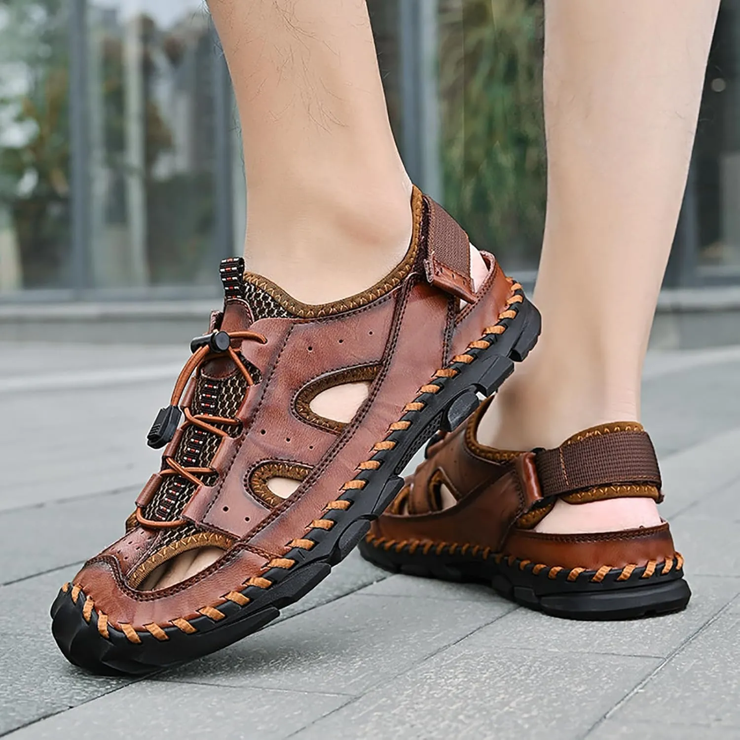 Men's Leather Hand Stitched Fisherman Sandals with Back Hook Loop Casual Breathable Cutout Closed Toe Anti-Slip Flat Water Shoes Summer Outdoor Beach Walking Shoes