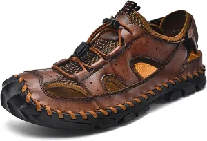 Men's Leather Hand Stitched Fisherman Sandals with Back Hook Loop Casual Breathable Cutout Closed Toe Anti-Slip Flat Water Shoes Summer Outdoor Beach Walking Shoes