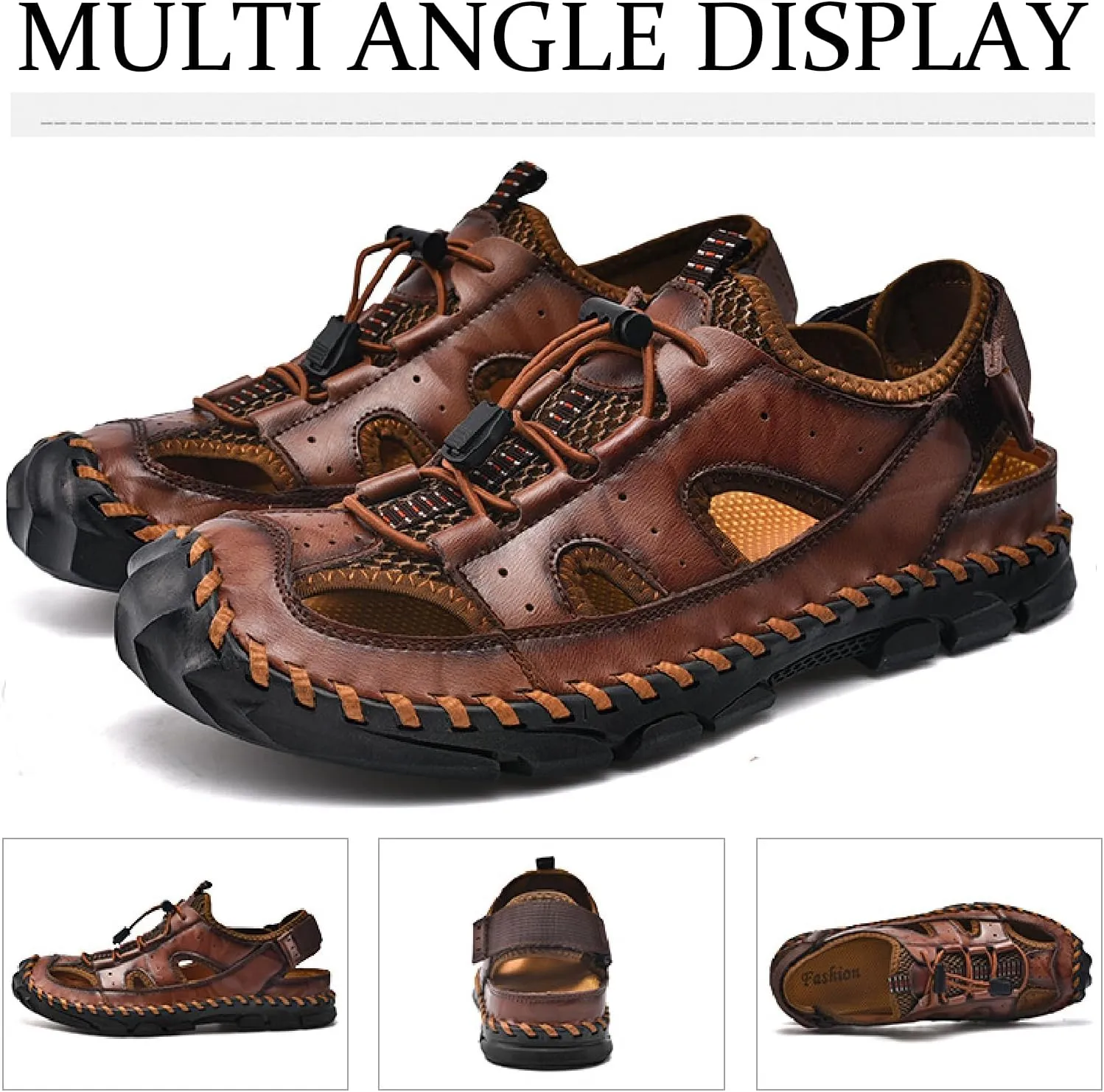 Men's Leather Hand Stitched Fisherman Sandals with Back Hook Loop Casual Breathable Cutout Closed Toe Anti-Slip Flat Water Shoes Summer Outdoor Beach Walking Shoes