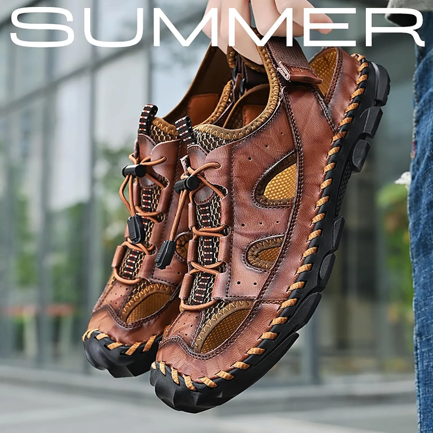 Men's Leather Hand Stitched Fisherman Sandals with Back Hook Loop Casual Breathable Cutout Closed Toe Anti-Slip Flat Water Shoes Summer Outdoor Beach Walking Shoes