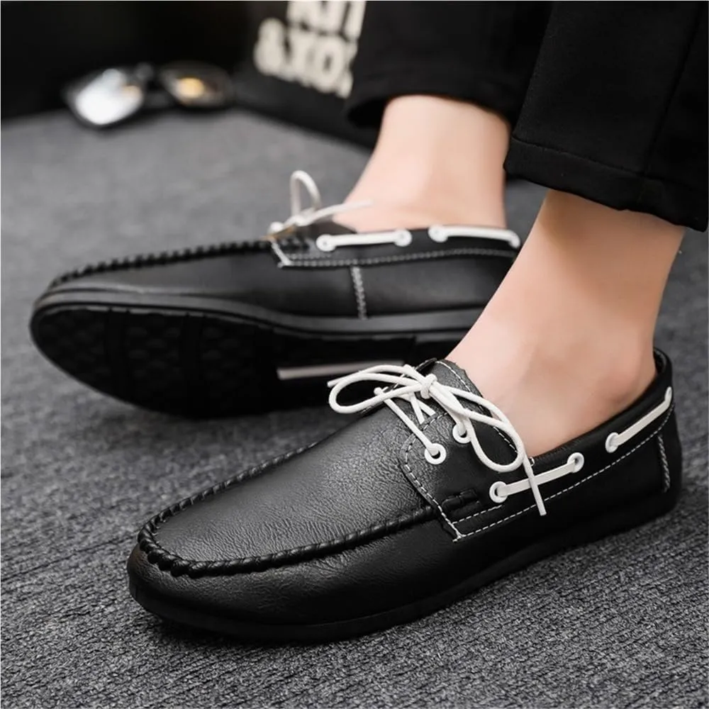 Men's Loafers Apron Toe PU Leather Moccasins Shoes Lace Up Resistant Lightweight Flat Heel Fashion Slip On