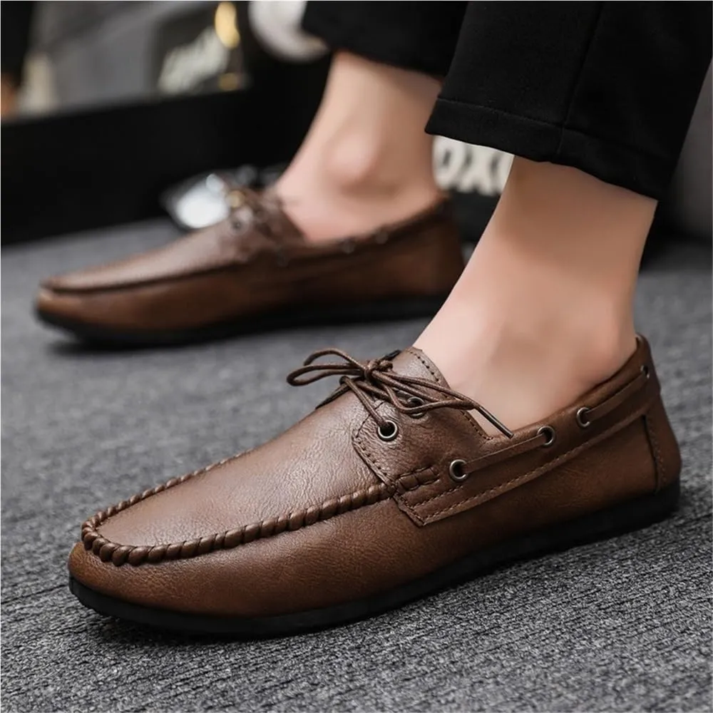 Men's Loafers Apron Toe PU Leather Moccasins Shoes Lace Up Resistant Lightweight Flat Heel Fashion Slip On