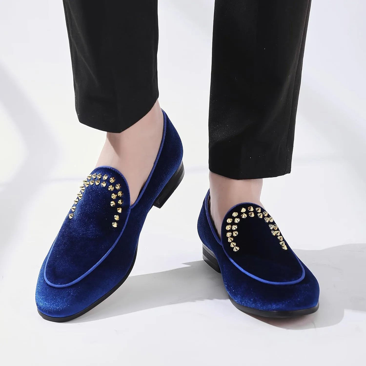 Men's Luxury Velvet Penny Loafers with Fashion Spiked, Casual Penny Loafers for Men, Noble Slip-on Dress Loafers Glitter Suede Smoking Slippers (Black)