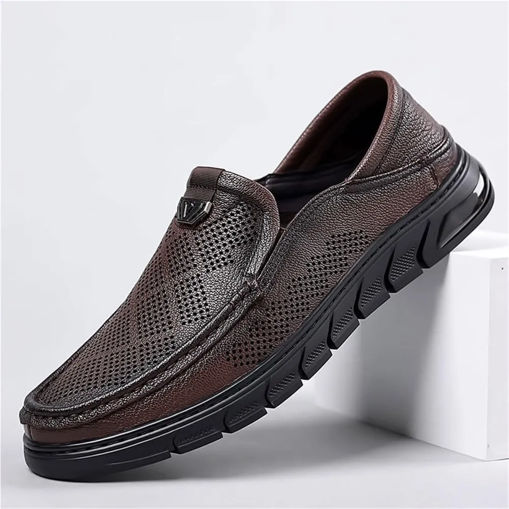 Mens Slip On Perforated Leather Loafers Summer Breathable Lambskin Soft Sole Casual Shoes Lightweight Driving Shoes
