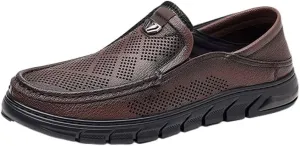 Mens Slip On Perforated Leather Loafers Summer Breathable Lambskin Soft Sole Casual Shoes Lightweight Driving Shoes