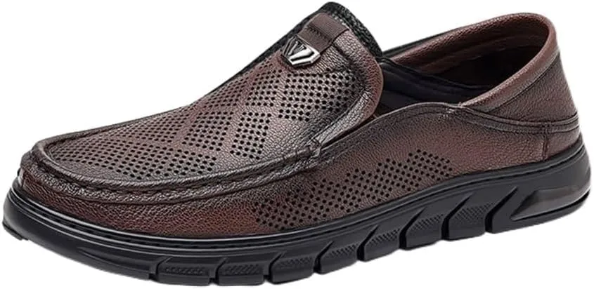 Mens Slip On Perforated Leather Loafers Summer Breathable Lambskin Soft Sole Casual Shoes Lightweight Driving Shoes